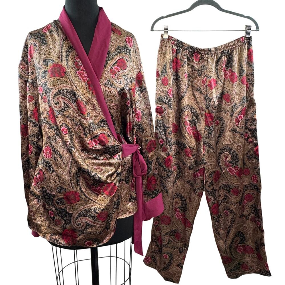 Y2K VINTAGE Victoria Secret Pajama Set Paisley Wrap V-Neck Tie Waist L Large